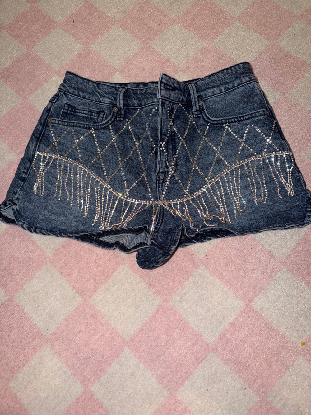 Good American Denim Shorts with Rhinestone Fringe